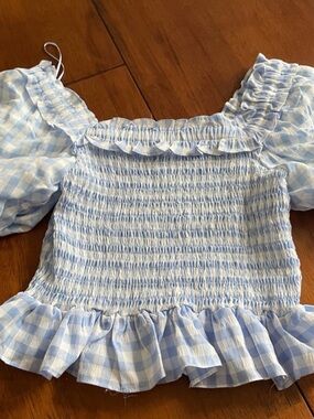 Smocked Light Blue Gingham Puff Sleeve Blouse
